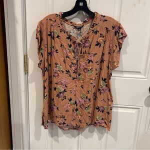 Buffalo David Bitton Peach Floral Tie-Neck Blouse with Pink & Green Accents